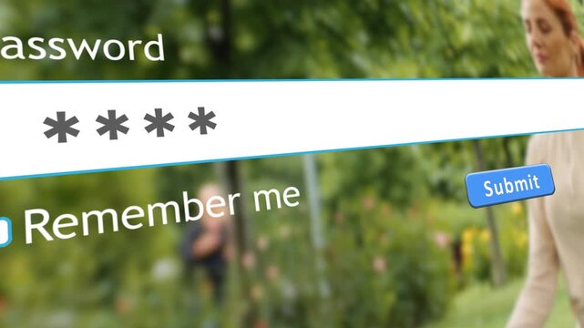 User types password into website form in internet browser while a woman practices yoga in the park nearby under clear skies and green trees.