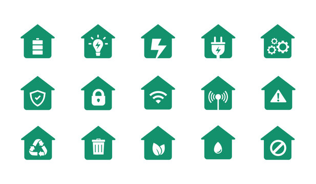 Collection of smart home energy icons including battery storage, electricity, security, wifi, automation, recycling, and eco symbols. Minimal flat design ideal for UI, apps, dashboards, and tech.