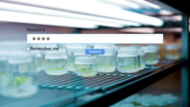 The user types a password into a computer form for a website while standing in an in vitro laboratory with glass containers in the background.
