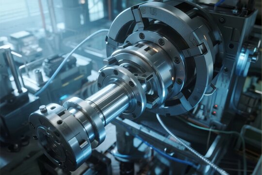 Close-up of a precision industrial machine component in operation within a manufacturing facility