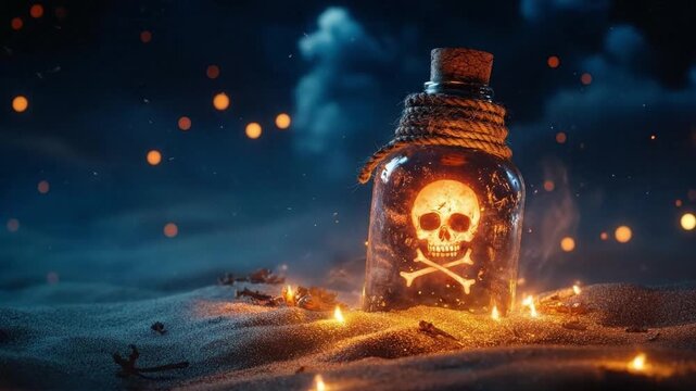 A pirate ghost watching over the bottle buried in the sand