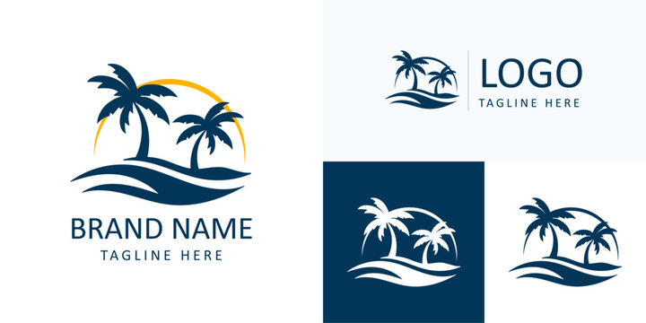 Sunrise luxury logo with palm trees island and wave lines tropical waterfront branding set
