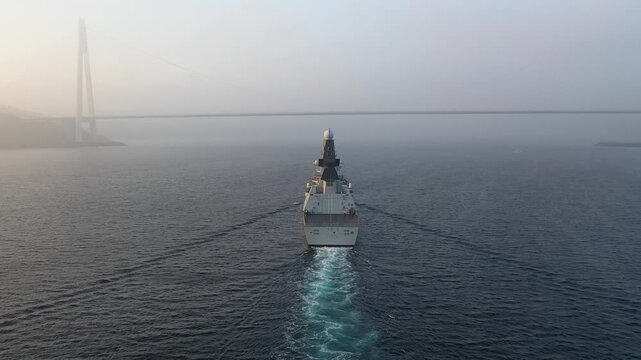 Royal Navy warship from behind. The most powerful destroyer class ever built in the UK and one of the most advanced warships in the world. Istanbul, Turkey