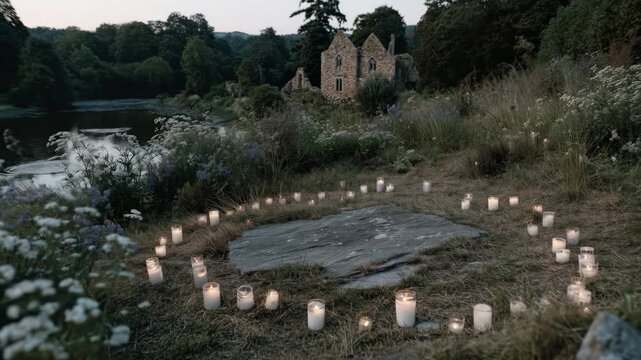 Mystical circle of lit candles surrounding flat stone altar in overgrown lakeside ruins at dusk. Romantic outdoor ritual setup with white flowers and soft evening glow for serene nature meditation