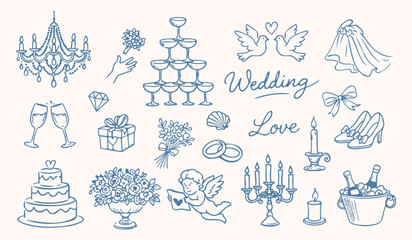Obraz premium Wedding doodle icons set with cake rings champagne cupid and romantic elements hand drawn vector collection