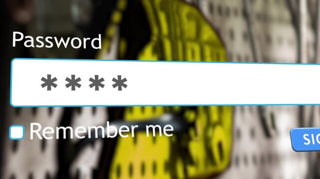 A user types their password into a website form box on a computer browser. The form also includes a 'Remember me' option for easier future access.