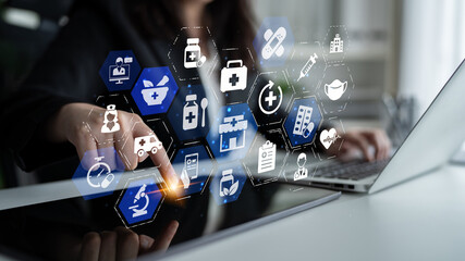 Fototapeta premium Online pharmacy icons showing medicine, healthcare, prescription and medical services with digital pharmacy, online drugstore, telemedicine and modern pharmaceutical solutions. Entice