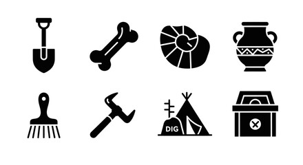 Archaeology Icons: Digging, Fossils, Tools, Artifacts, Tent, Bone, Vase, Shovel, Brush © atha_lintar