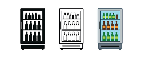 Fototapeta premium Three fridge icons shown side by side filled with rows of bottles visible through a glass door in black, outline, and colored styles.