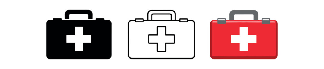 Obraz premium Three medical kit icons show a handled case with a prominent cross in solid, outline, and red colored styles.