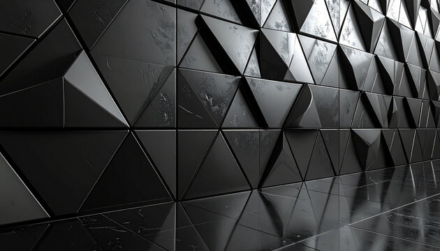 Black Triangular 3D Tile Wall Background Polished Semigloss Geometric Texture