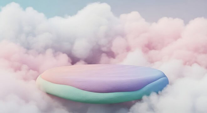 Dreamy Floating Abstract Shape Surrounded by Soft Pastel Clouds in Ethereal Lighting