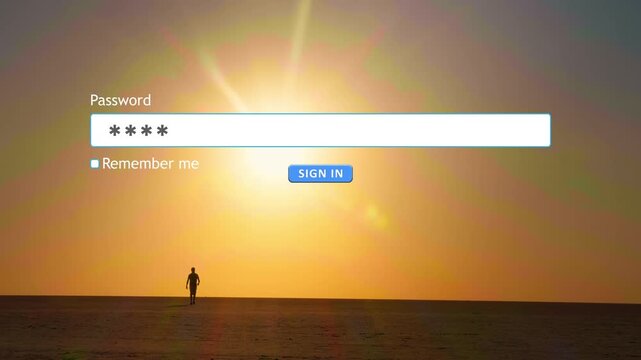 A person types their password into a website form box on a computer during sunset. The screen shows a login prompt with a password field.