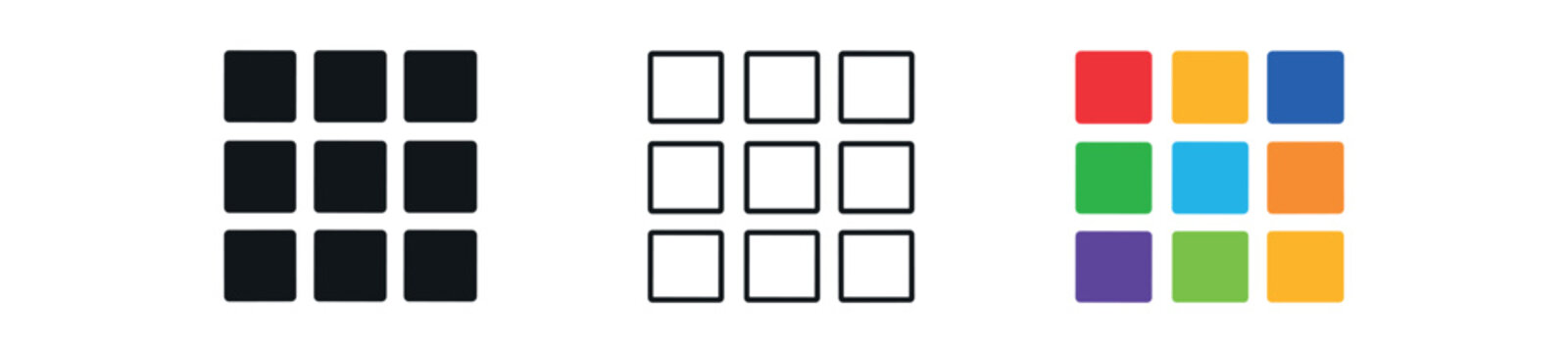 Three style versions of a 3x3 square grid icon shown in solid, outline, and colorful styles.
