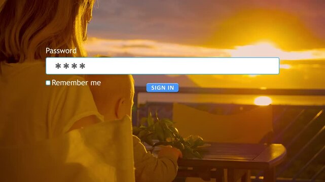 User enters a password in a website form on a computer. A mother watches the sunset with her child in the background. The moment shows a simple daily activity.
