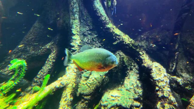 Red-Bellied Piranha Swimming in a Vibrant Freshwater Aquarium