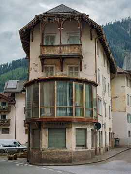 Old Corner Building In Moena Village, Abandoned Hotel In Moena - Italy
