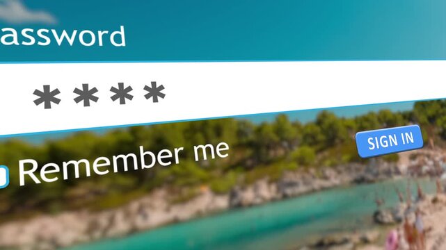 User types a password into a website form on a computer. An image of people enjoying a beach vacation appears in the background of the browser.