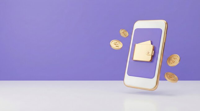 Smartphone with Digital Wallet and Floating Gold Coins on Purple Background