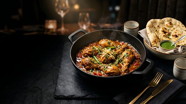 Premium Pakistani chicken karahi with naan served in stylish modern pan, rich glossy gravy, elegant plating with controlled garnish