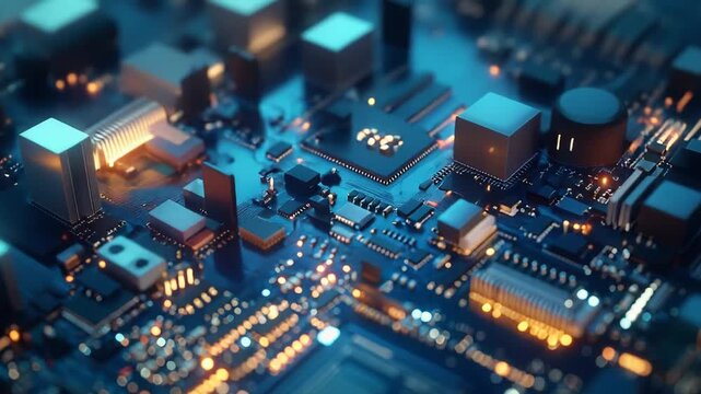 Central processing unit working on a printed circuit board with glowing components, symbolizing computing, connectivity, artificial intelligence, and advancing technology in the digital world