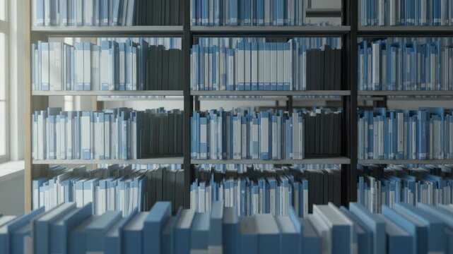 Medium shot of neatly organized technical standards documents on library shelving main shelves in focus with blurred surroundings evoking precise reference environment.