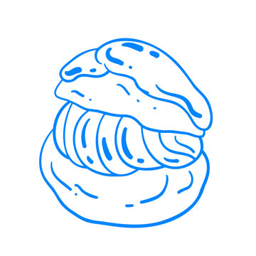 Round eclair with custard. A sweet bun for dessert.  Vector hand-drawn line drawing of breakfast food. Sketch doodle icon illustration in Mediterranean blue line retro style
