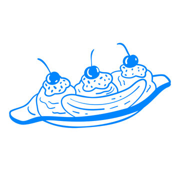 Three scoops of fruit berry ice cream with cherries. Summer dessert banana split vector illustration. Food icon in Mediterranean linear style. Line on transparent background for design element.