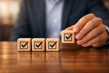 Naklejka premium Businessman hand placing wooden cube with check mark icon, concept of business success, task completion, and quality assurance.