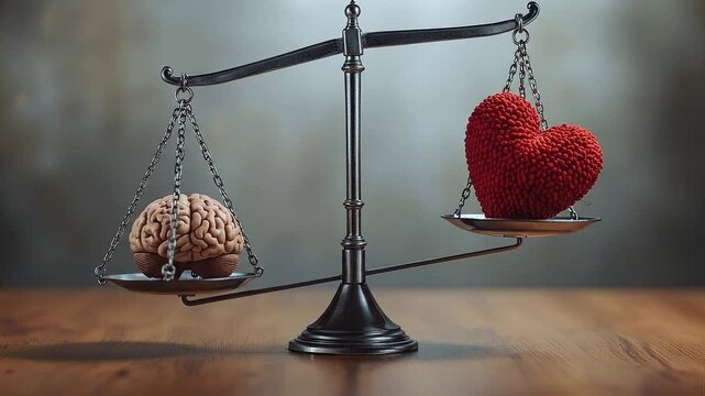A balance scale with a brain on one side and a red heart-shaped object on the other, symbolizing emotion versus intellect