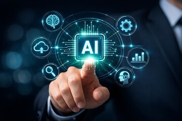 Obraz premium Businessman touching AI icon, artificial intelligence concept with digital network.