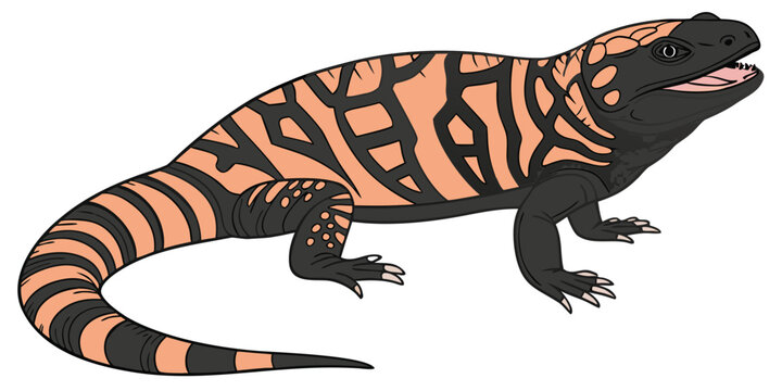 "A professional, ultra high-resolution 3D photorealistic render of a Gila monster (Heloderma suspectum), isolated on a solid white background. The lizard is shown in a full-body side profile, featurin
