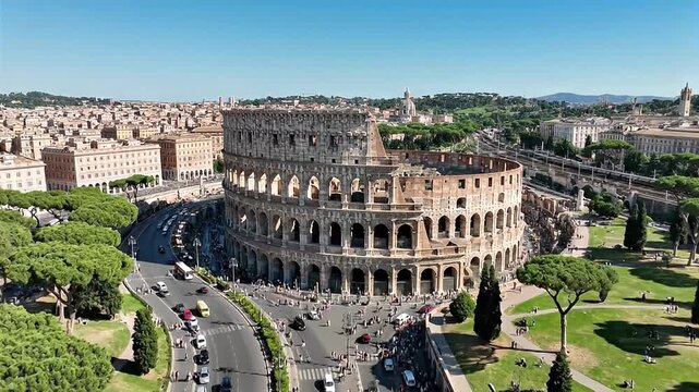 Drone footage captures expansive aerial view of the ancient Roman Colosseum and surrounding