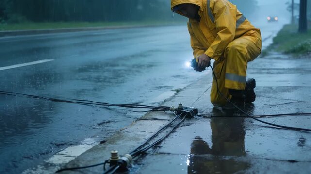 Technician in rain gear sealing electrical line connections on a wet roadside shoulder with blurred pavement and vehicles in the background.