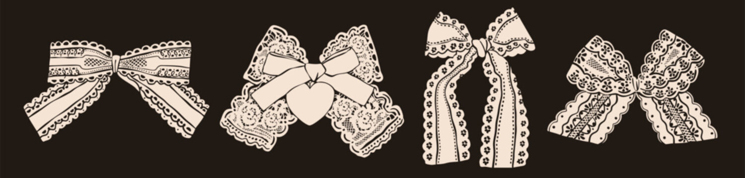 Elegant lace ribbon Bows. Various shapes, ornaments. Hand drawn Vector illustration. Wedding invitation, greeting card, Valentine day, fashion, decoration concept. Isolated design elements