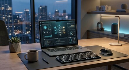 Fototapeta premium Laptop displaying AI neural network in modern office