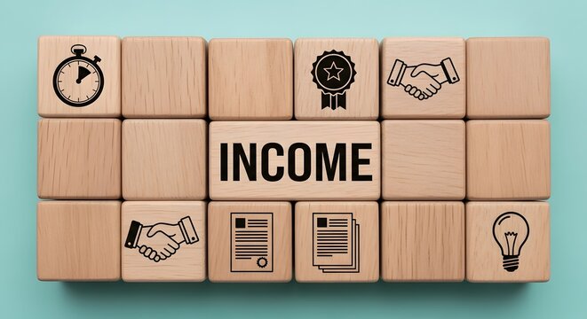 Income Generation Business Concept with Wooden Blocks Featuring Icons of Time, Partnership, Innovation, and Achievement for Financial Growth and Success
