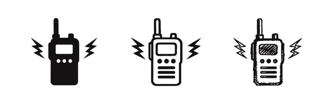 Walkie-Talkie Radio Icons Set. Two-Way Communication Device with Signal. Portable Radio Transceiver Vector.