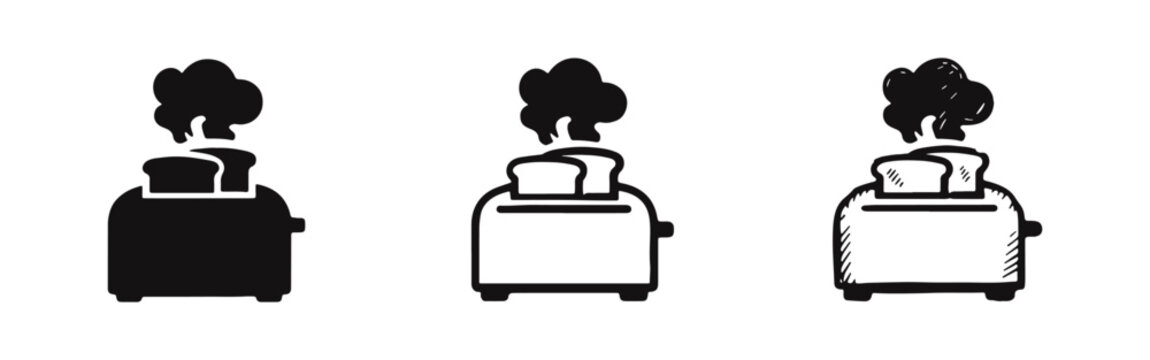 Hand drawn toaster with popping toast icon set in solid, outline, and sketch styles.