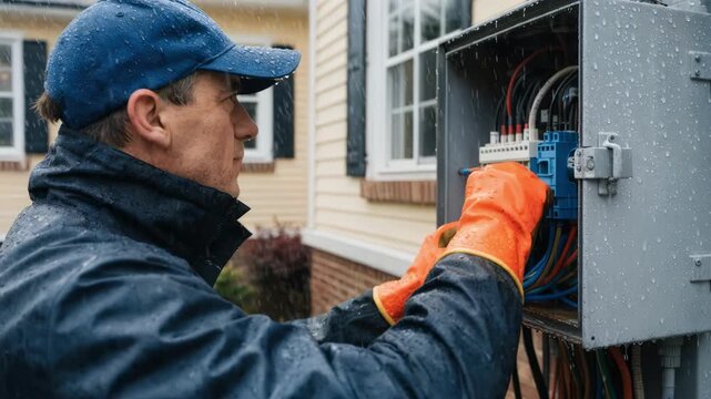 Technician examining exterior demarcation box on singlestory home with blurred background focusing on detailed wiring and connections during residential outage troubleshooting.
