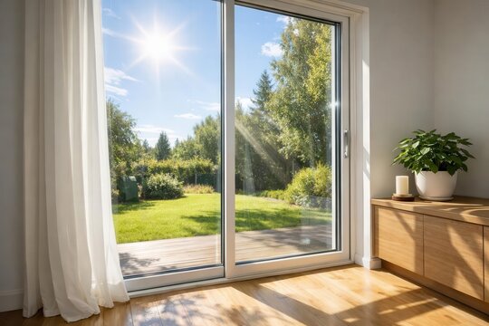 Sunlit patio door with garden view and wooden interior, bright home setting