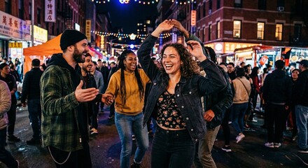 Fototapeta premium Diverse friends dancing at a night market festival