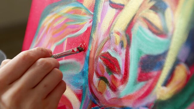 Artist hand painting expressive male portrait on canvas with brush and palette.