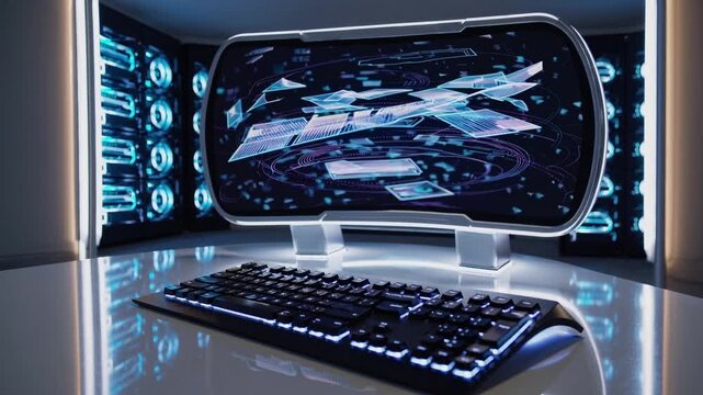 Futuristic desktop workstation with holographic interface, curved ultrawide monitor projects moving data shards above illuminated mechanical keyboard on reflective desk, blue neon server racks frame