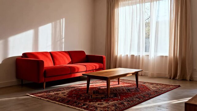 Living room with red sofa and patterned rug