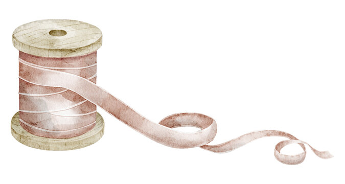 Ribbon watercolor illustration of pink fabric roll on spool with loose curling strip. Vintage craft accessory on isolated on isolated background for sewing design, packaging, scrapbooking and decor.