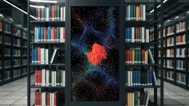 Medium shot of digital dashboard display mounted near smart book shelves capturing inventory analytics as main object with shelves blurred to enhance depth.