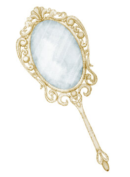 Mirror watercolor illustration. Art of ornate hand accessory with oval glass and carved vintage frame, decorative handle and antique style. Element on isolated background for beauty design.
