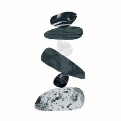 Stone Balance. Pyramid of pebbles. Various shapes, textures. Wellness, meditation, calm, balance, yoga, zen, harmony concept. Hand drawn Vector illustration. Poster, print, logo, design template
