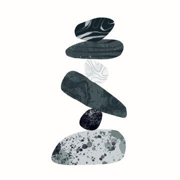 Stone Balance. Pyramid of pebbles. Various shapes, textures. Wellness, meditation, calm, balance, yoga, zen, harmony concept. Hand drawn Vector illustration. Poster, print, logo, design template